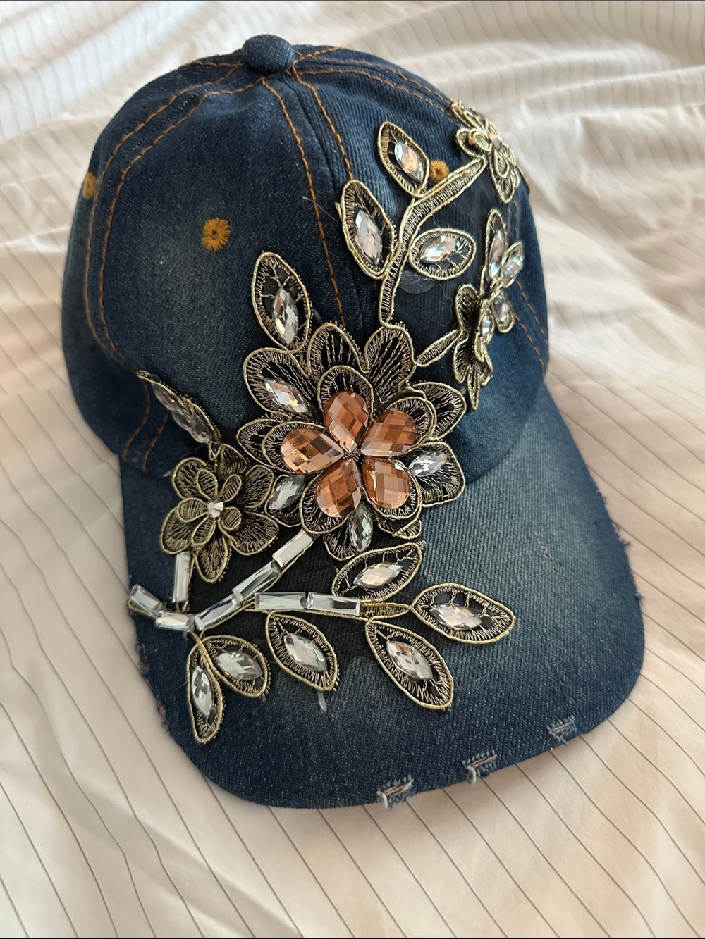Embellished Denim Baseball Cap with Crystal Floral Accent - Blue